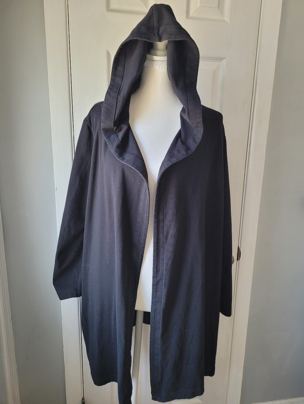 Eileen Fisher Organic Cotton Jersey Hooded Long Cardigan XL Black